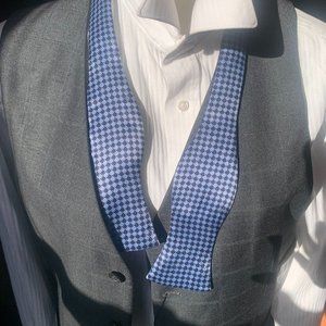 Navy Blue Basket Weave Checkered Bow Tie